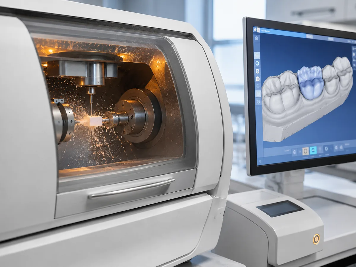 CEREC-Fräseinheit fertigt eine Keramikkrone